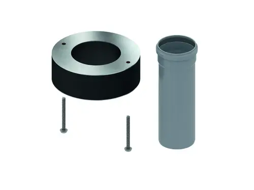 TECE Bauteile bestehend aus einem runden, schwarzen Ring mit Metalloberfläche, einem grauen Rohr und zwei Schrauben. Geeignet für Brandschutzanwendungen.